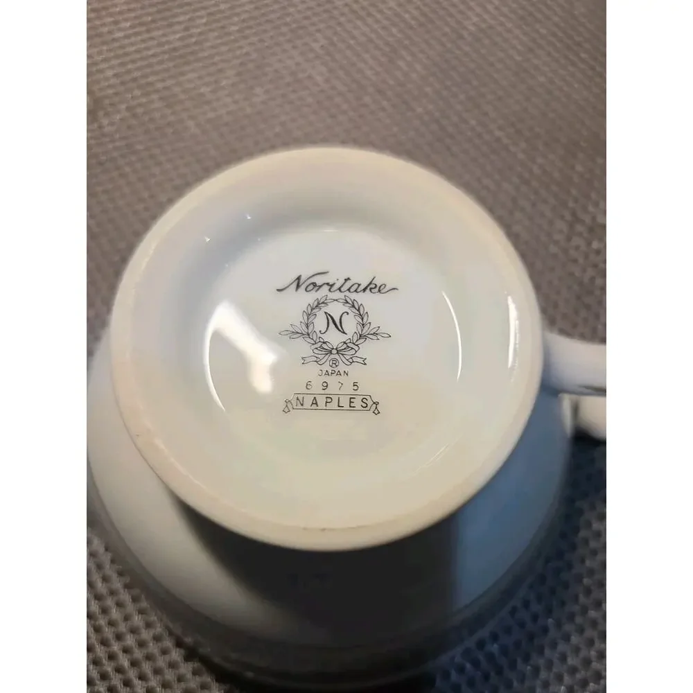 Noritake China Naples 6975 Tea Pot Sugar Bowl And Creamer White Gray Trim